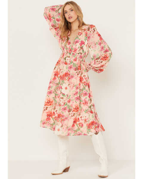 Image #1 - Flying Tomato Women's Floral Print Long Sleeve Midi Dress, Pink, hi-res