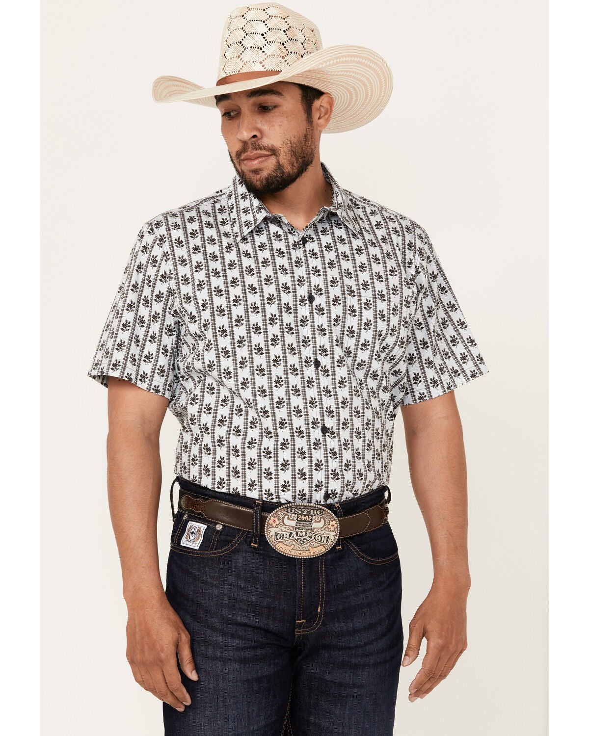 Gibson Trading Co Talking Stick Vertical Striped Print Short Sleeve Button-Down Western Shirt, Light Blue, hi-res