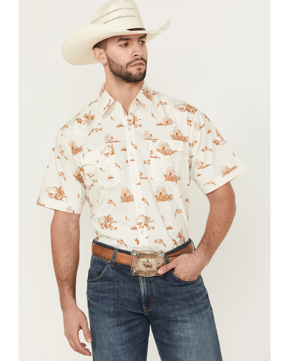 Image #1 - Ely Walker Men's Horse Print Short Sleeve Pearl Snap Western Shirt, Cream, hi-res