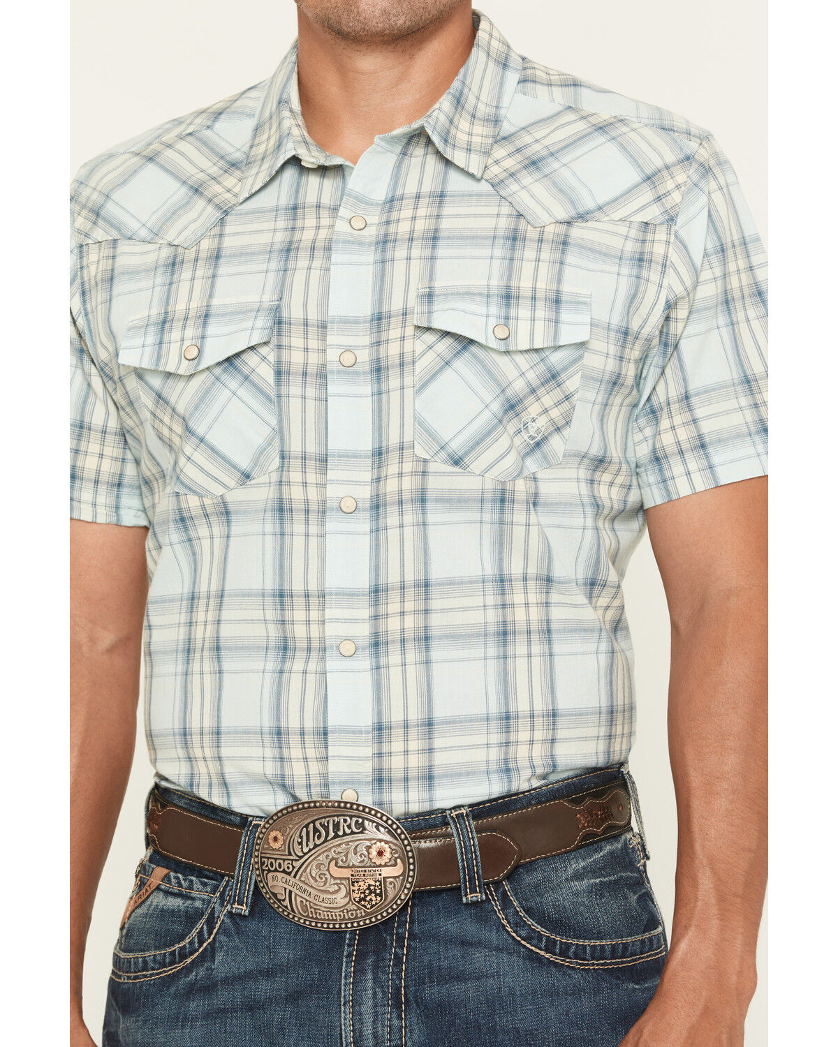Image #3 - Ariat Men's Hinkle Retro Fit Plaid Print Short Sleeve Snap Western Shirt, Aqua, hi-res