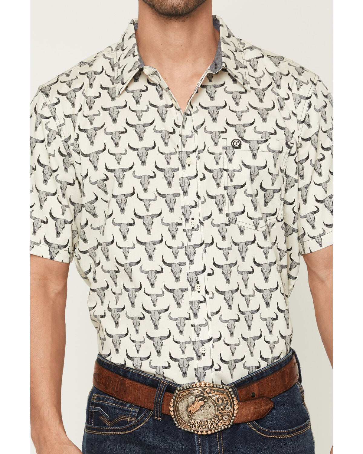 Image #3 - Cody James Men's Toro Steer Head Print Short Sleeve Button-Down Stretch Western Shirt, Tan, hi-res