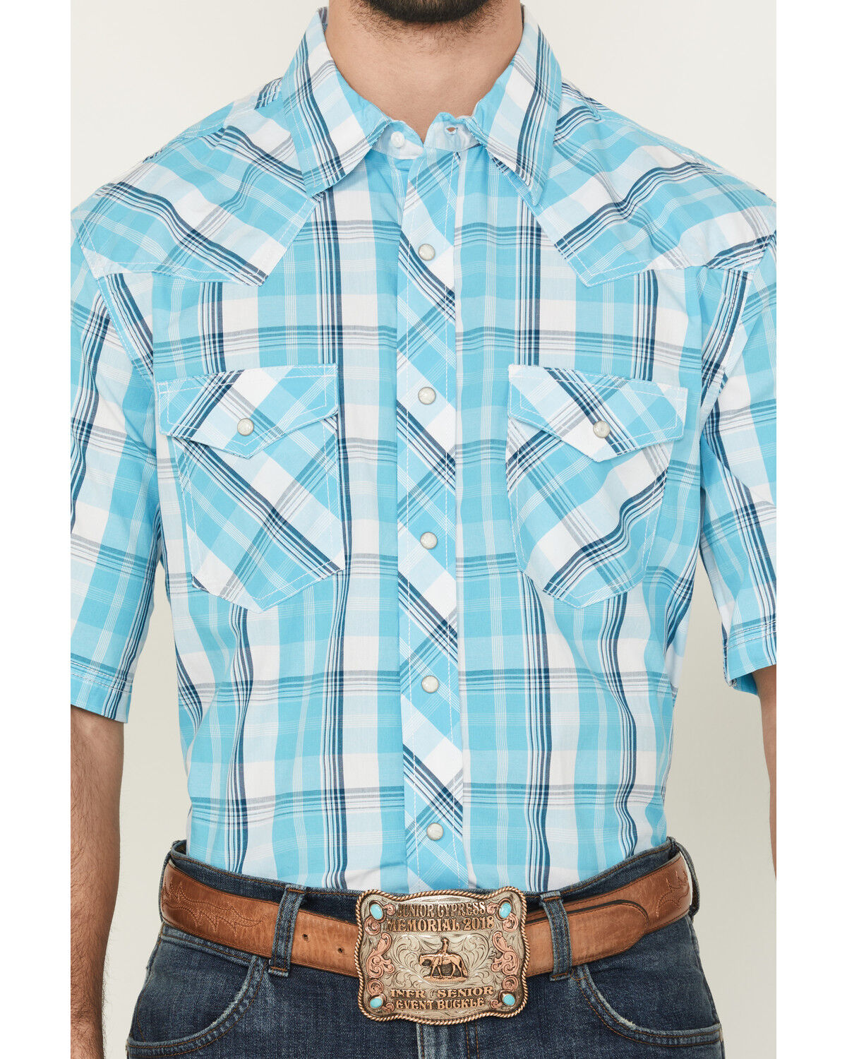 Image #3 - Wrangler Men's 20X Plaid Print Short Sleeve Snap Stretch Western Shirt, Turquoise, hi-res