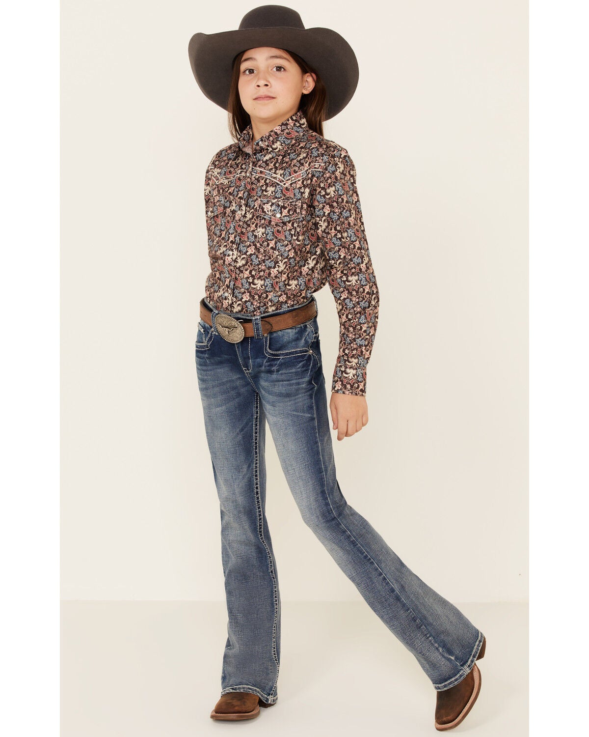 Shyanne Girls' Light Embroidered Faux Flap Pocket Bootcut Jeans, Blue, hi-res