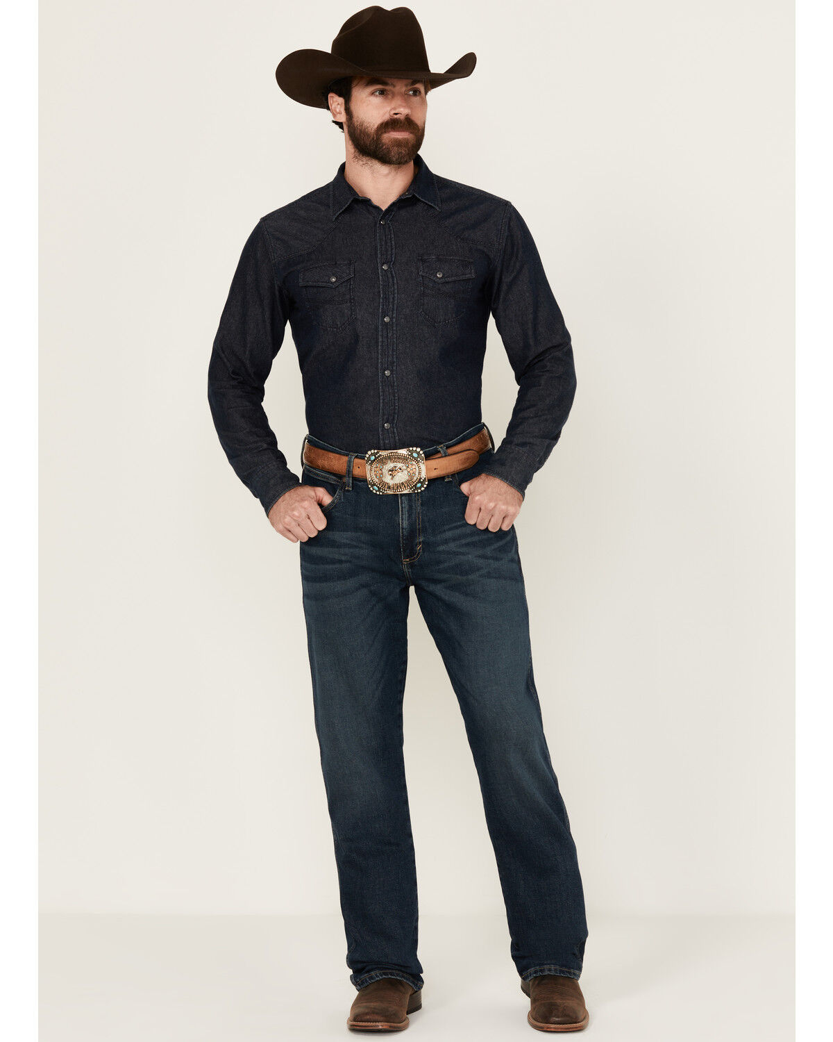 Image #1 - Wrangler Retro Men's 77MWZ Lindel Dark Wash Slim Bootcut Stretch Denim Jeans - Tall, Dark Medium Wash, hi-res
