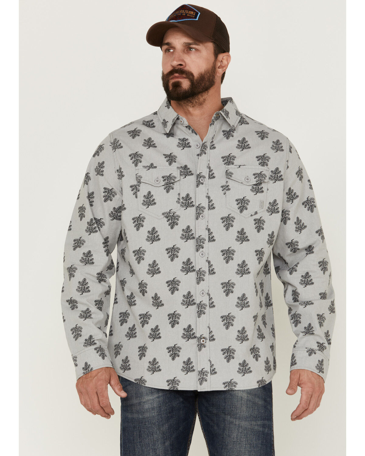 Image #1 - Brothers and Sons Men's All-Over Floral Print Long Sleeve Button Down Western Shirt, Light Grey, hi-res