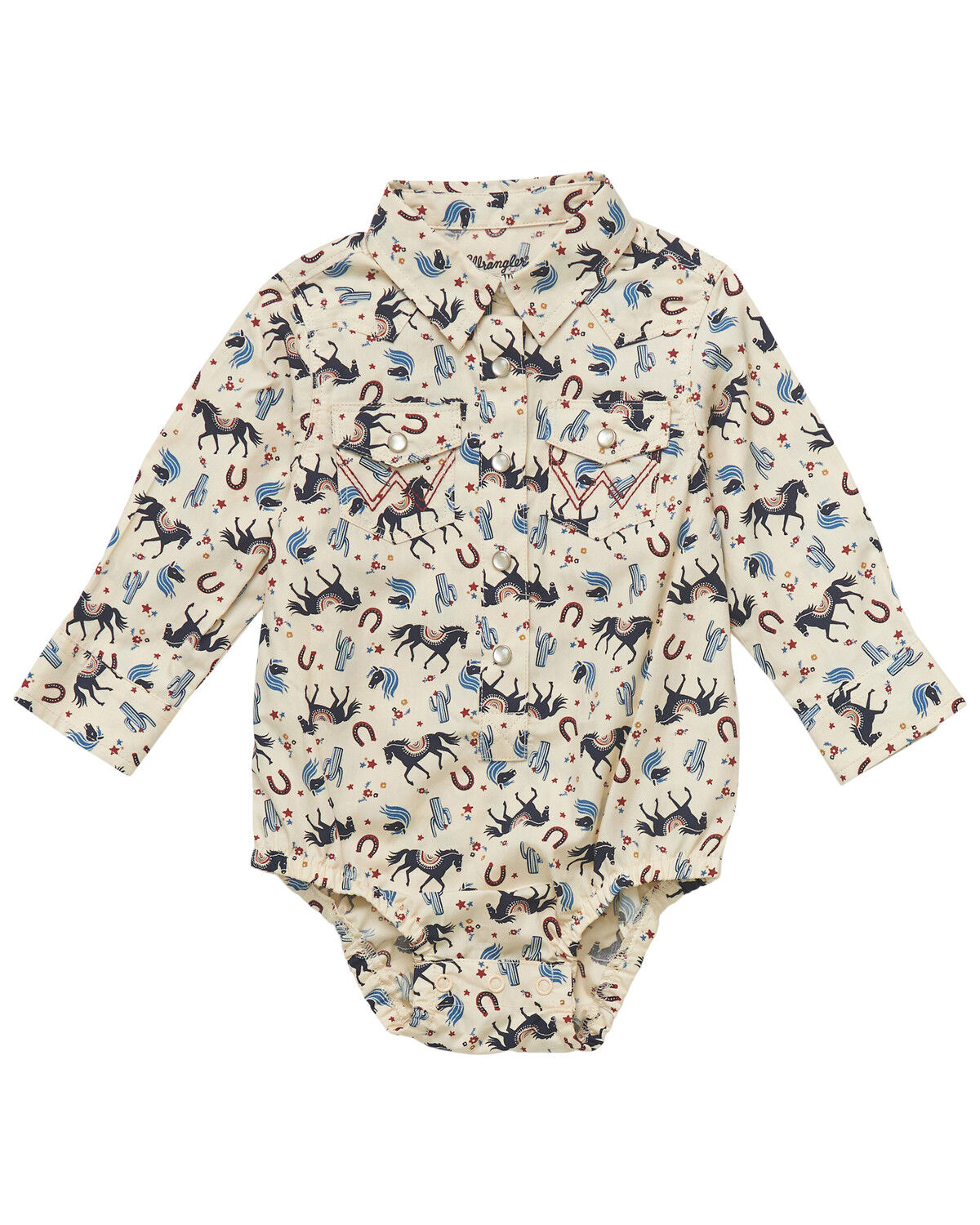 Image #1 - Wrangler Infant Girls' Horse Long Sleeve Pearl Snap Graphic Print Onesie, Cream, hi-res