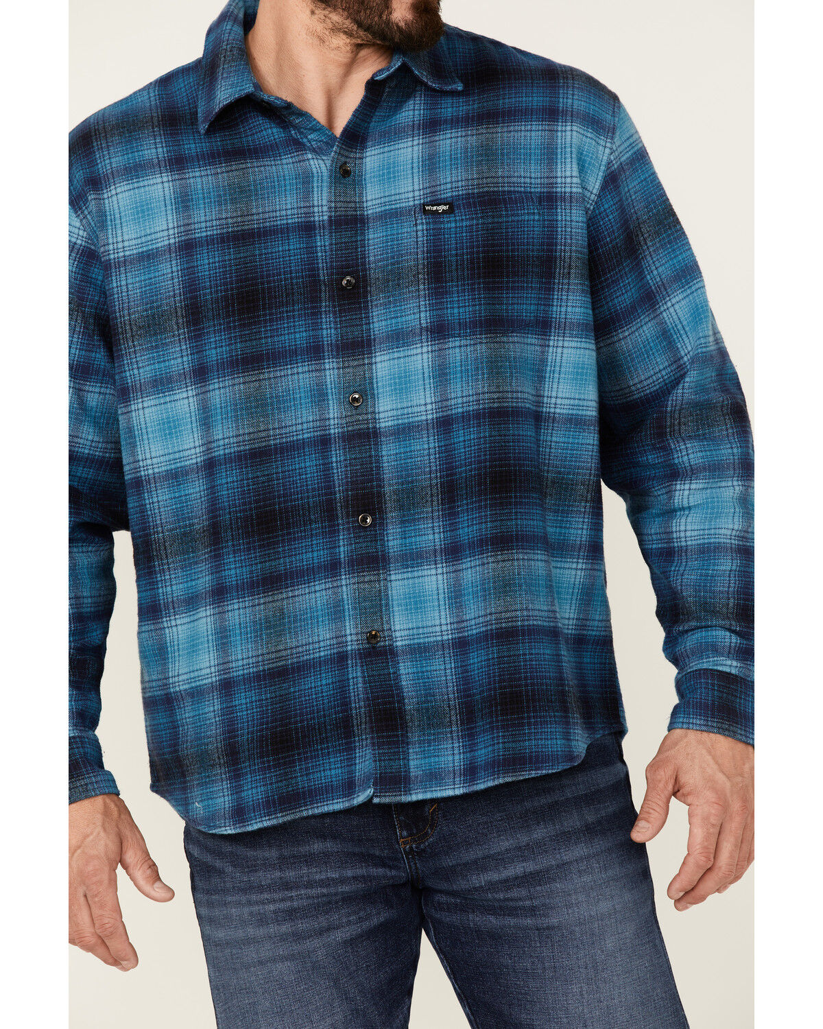 Image #3 - Wrangler X Fender Men's Plaid Tour Back Patch Button-Down Shirt Flannel Jacket, Navy, hi-res