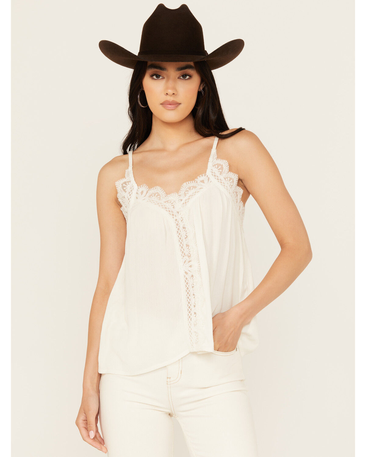 Image #1 - Shyanne Women's Lace Trim Cami, Cream, hi-res