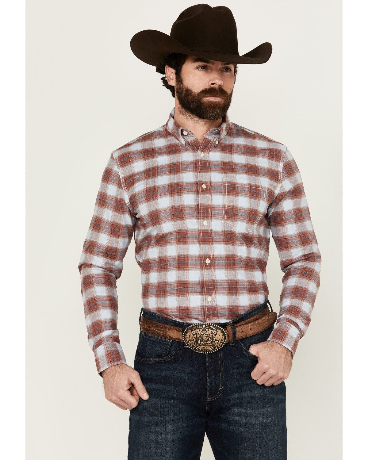 Image #1 - Cody James Men's Rush Plaid Print Long Sleeve Button-Down Stretch Western Shirt - Tall, Ivory, hi-res
