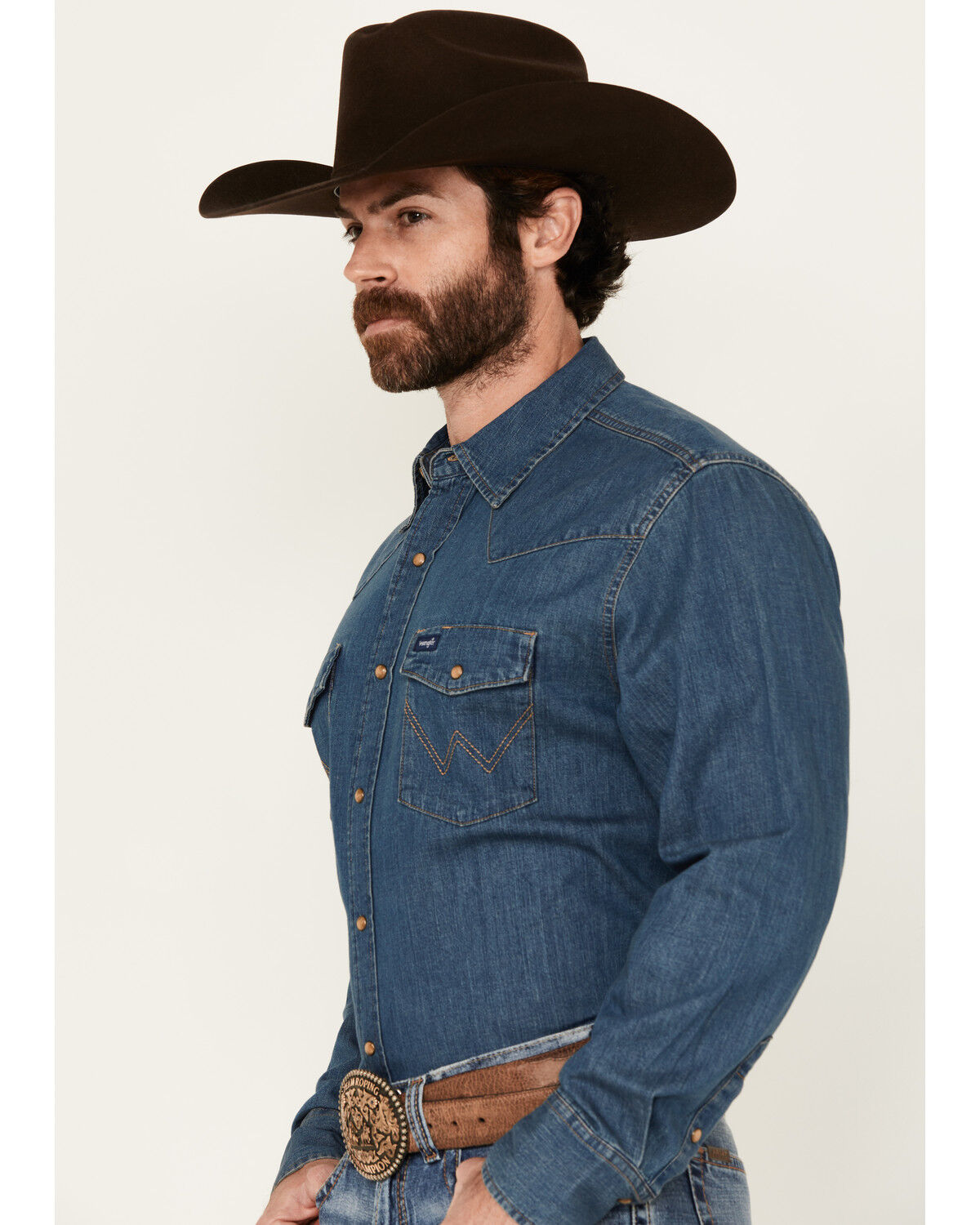 Image #2 - Wrangler Men's Dark Wash Denim Long Sleeve Snap Western Shirt, Dark Wash, hi-res