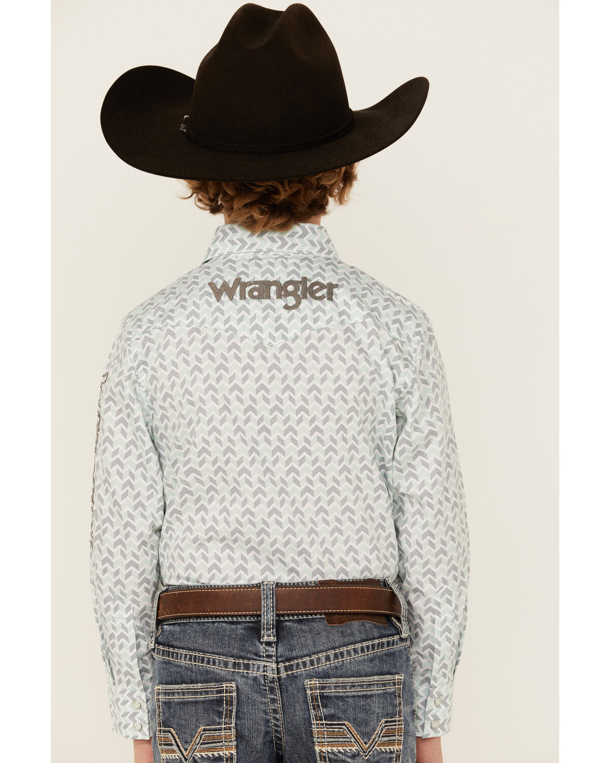 Image #4 - Wrangler Boys' Geo Print Logo Long Sleeve Pearl Snap Western Shirt, Aqua, hi-res