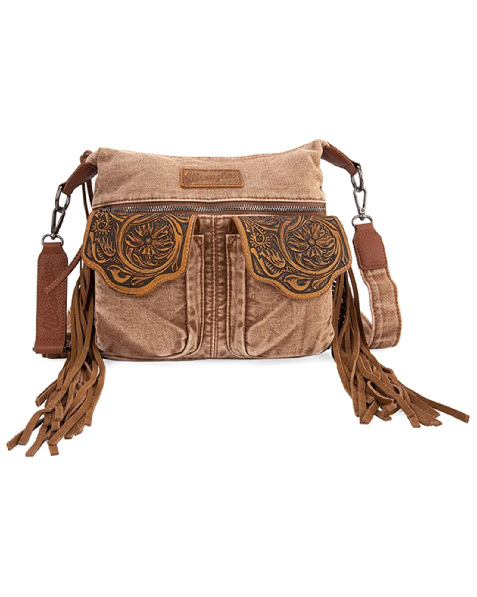 Product Name: Wrangler Women's Fringe Floral Tooled Denim Crossbody Bag