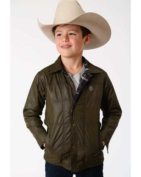 Roper Boys' Plaid Button-Down Reversible Jacket, Olive, hi-res