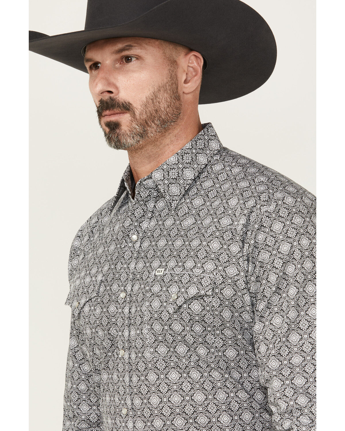 Image #2 - Ely Walker Men's Medallion Print Long Sleeve Pearl Snap Western Shirt, Black, hi-res