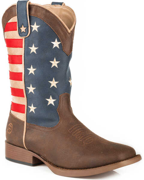 Roper Men's American Patriot Western Boots - Broad Square Toe , Brown, hi-res