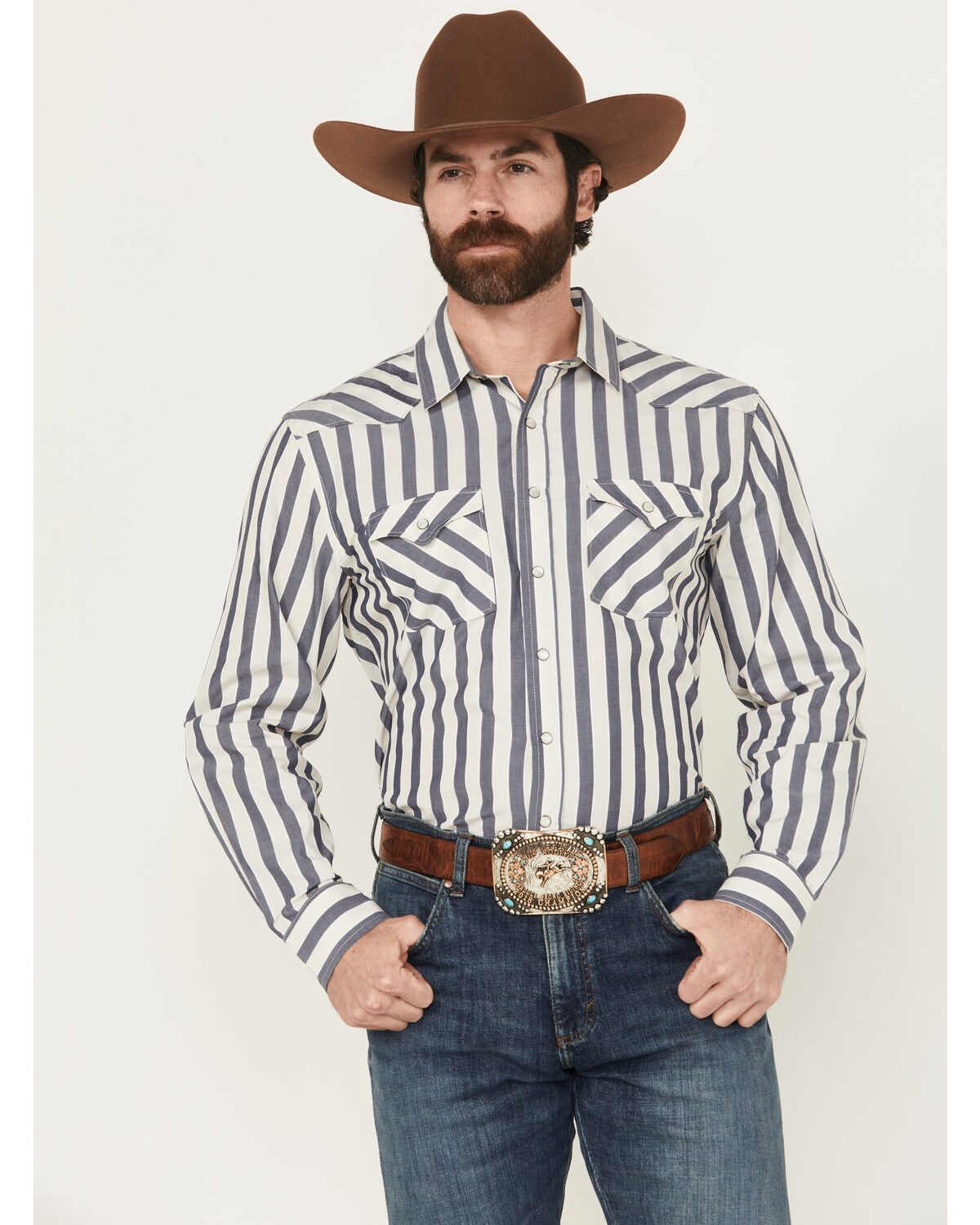Image #1 - Panhandle Men's Striped Long Sleeve Pearl Snap Western Shirt, Cream, hi-res