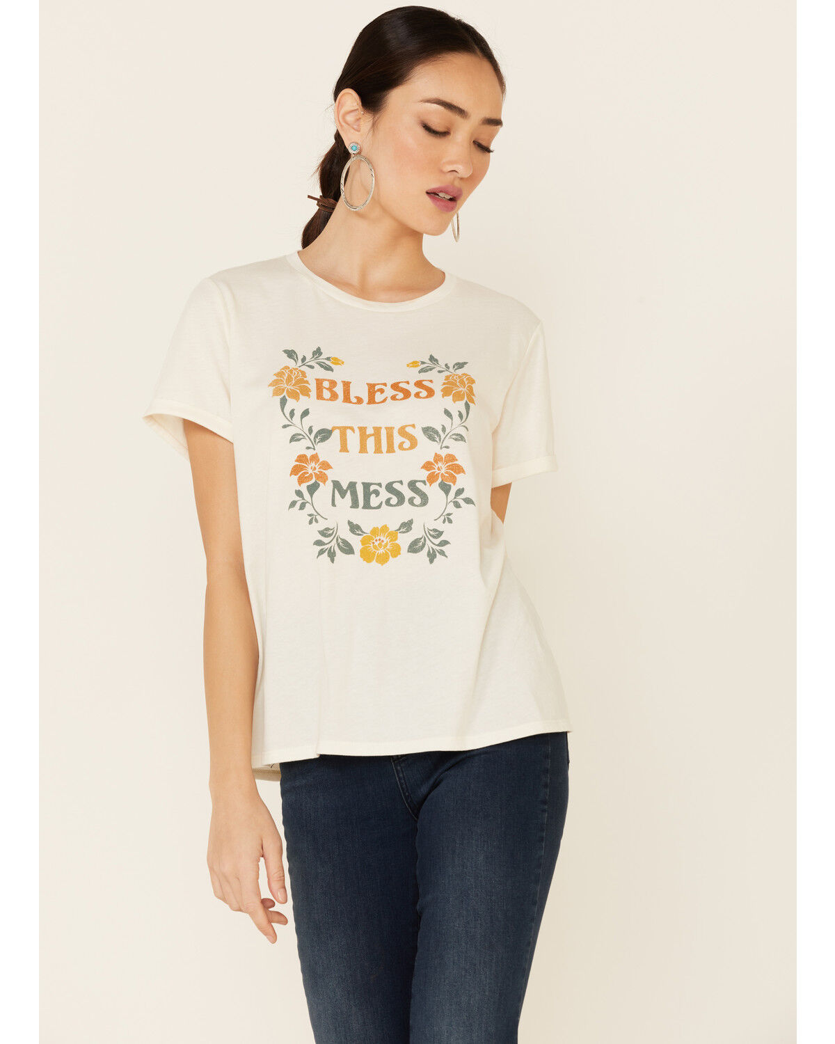 Image #1 - Cut & Paste Women's Bless This Mess Floral Graphic Short Sleeve Tee, Ivory, hi-res