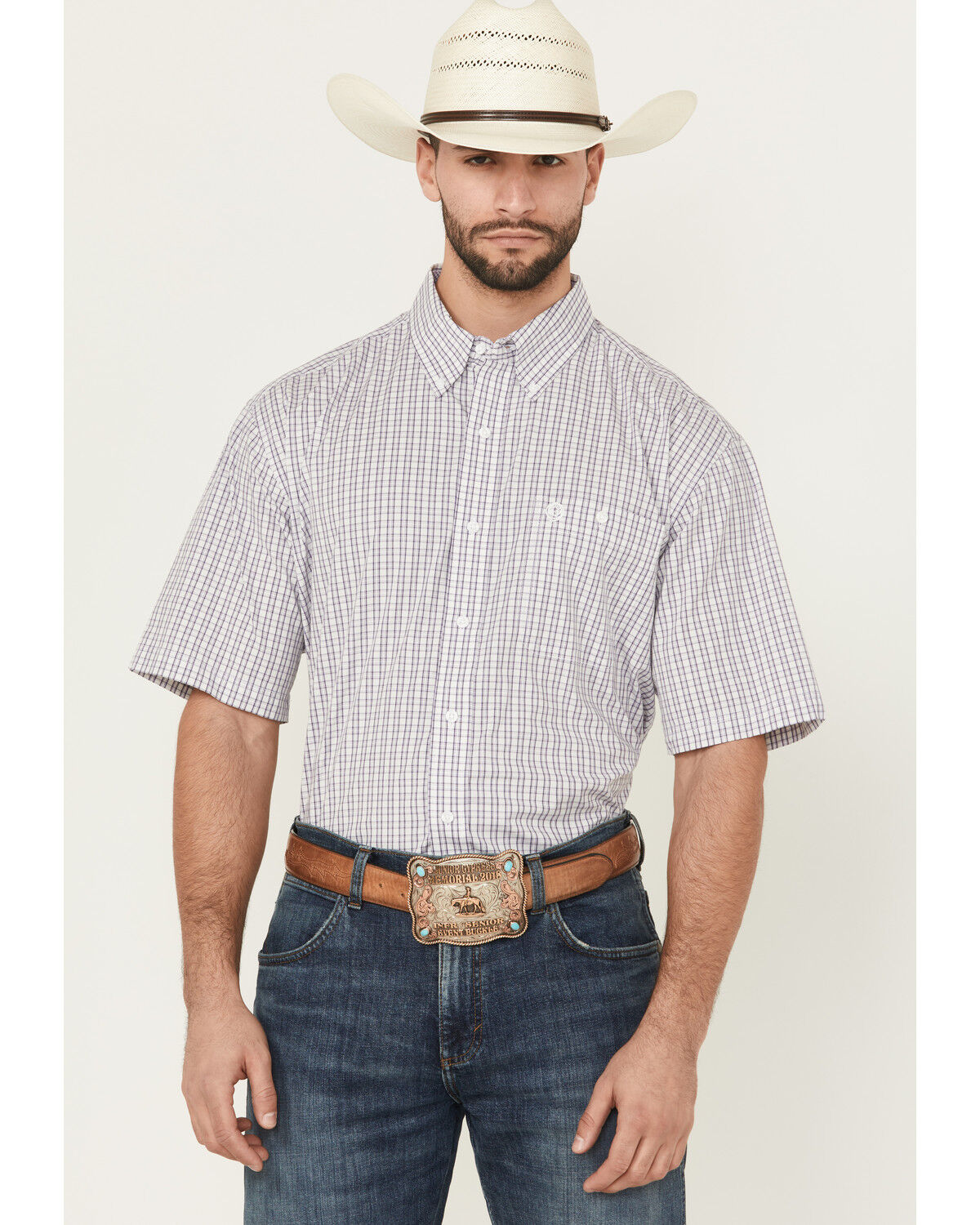 Image #1 - George Strait by Wrangler Men's Plaid Print Short Sleeve Button-Down Stretch Western Shirt, Purple, hi-res
