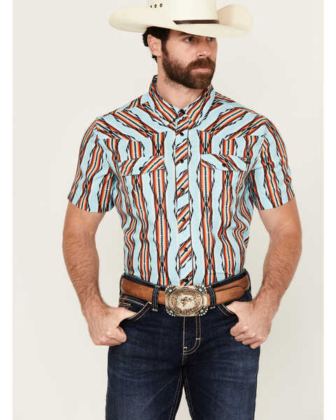Rock & Roll Denim Men's Tek Southwestern Striped Short Sleeve Snap Western Shirt , Turquoise, hi-res