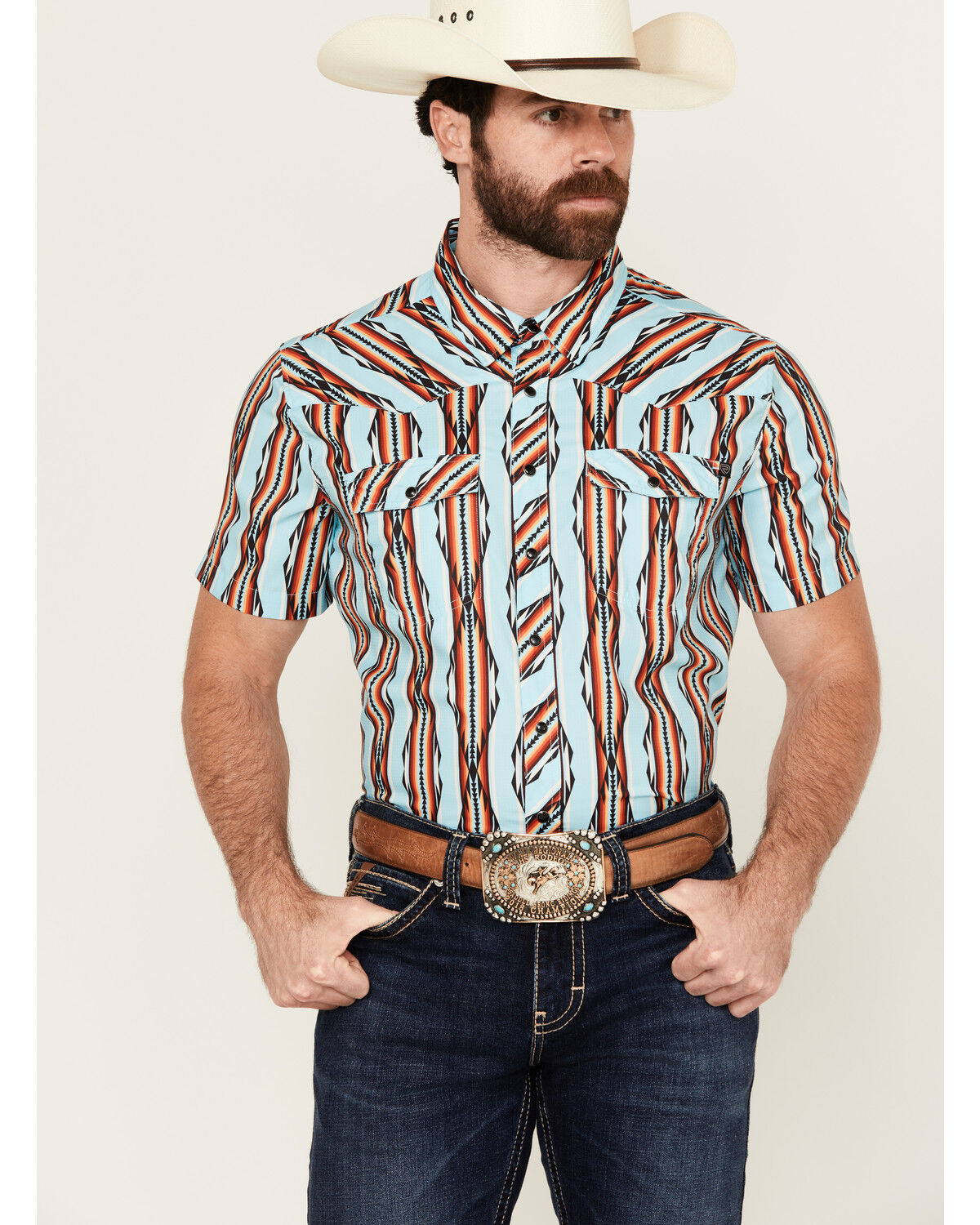 Image #1 - Rock & Roll Denim Men's Tek Southwestern Striped Short Sleeve Snap Western Shirt, Turquoise, hi-res
