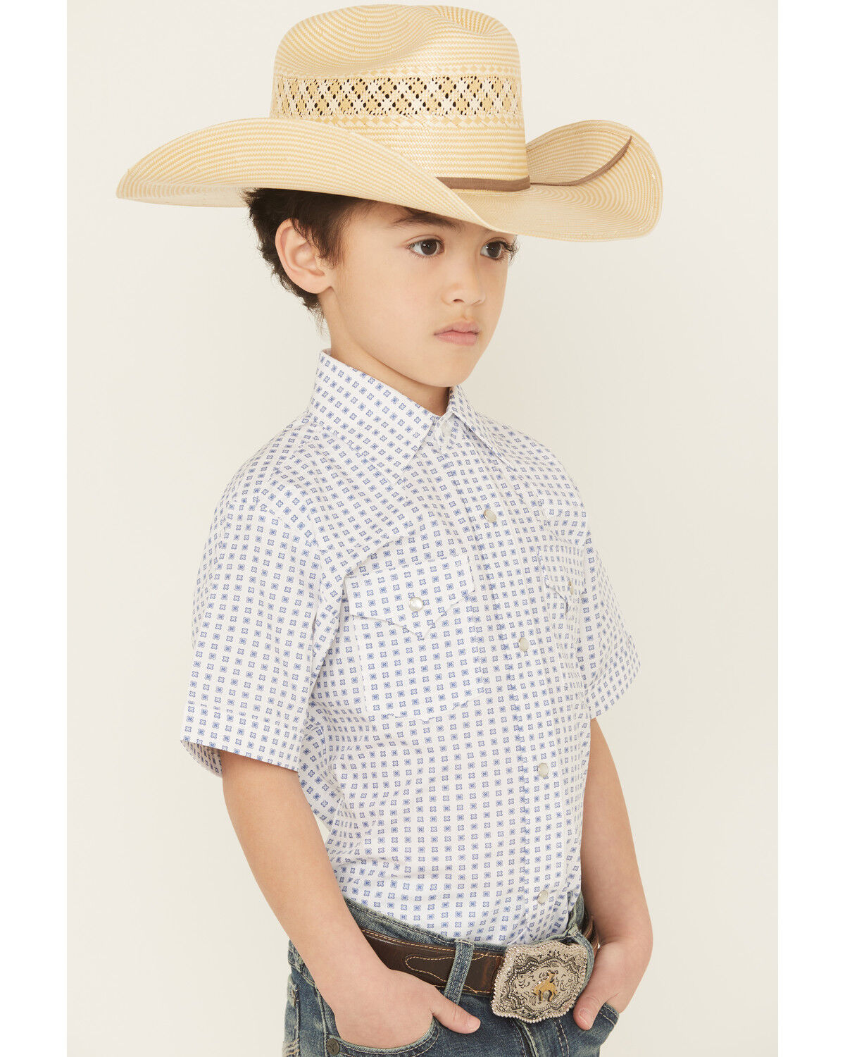 Image #2 - Ely Walker Boys' Geo Print Short Sleeve Snap Western Shirt, White, hi-res