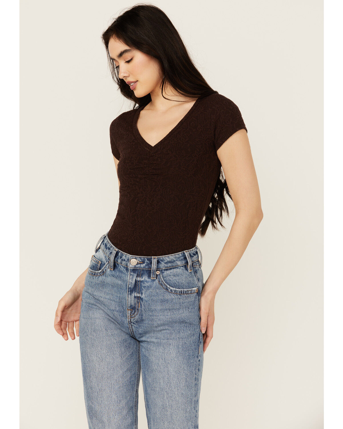 Image #1 - Shyanne Women's Floral Jacquard Short Sleeve Top, Chocolate, hi-res