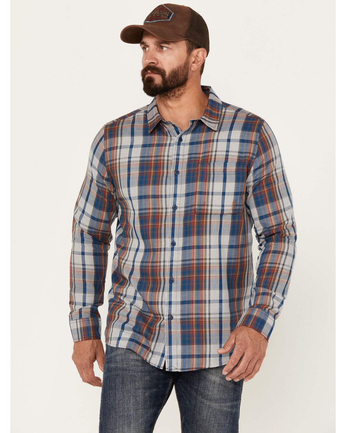 Image #1 - Brothers and Sons Men's Plaid Print Long Sleeve Button Down Performance Western Shirt, Dark Blue, hi-res
