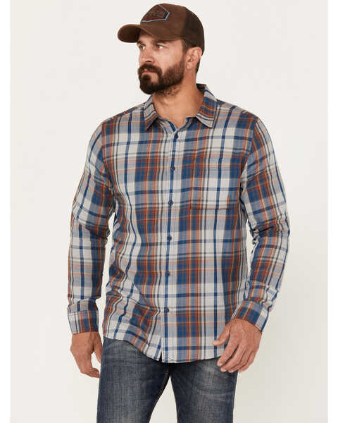 Brothers & Sons Men's Plaid Print Long Sleeve Button-Down Performance Western Shirt, Dark Blue, hi-res