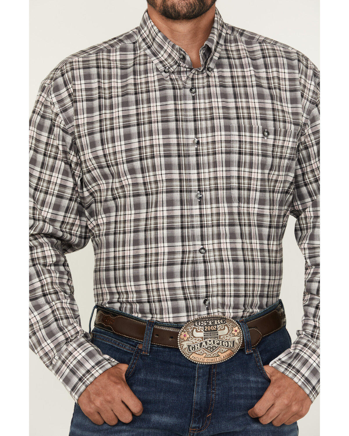 Image #3 - Wrangler Men's Bucking Cancer Plaid Print Long Sleeve Button-Down Western Shirt, Black, hi-res