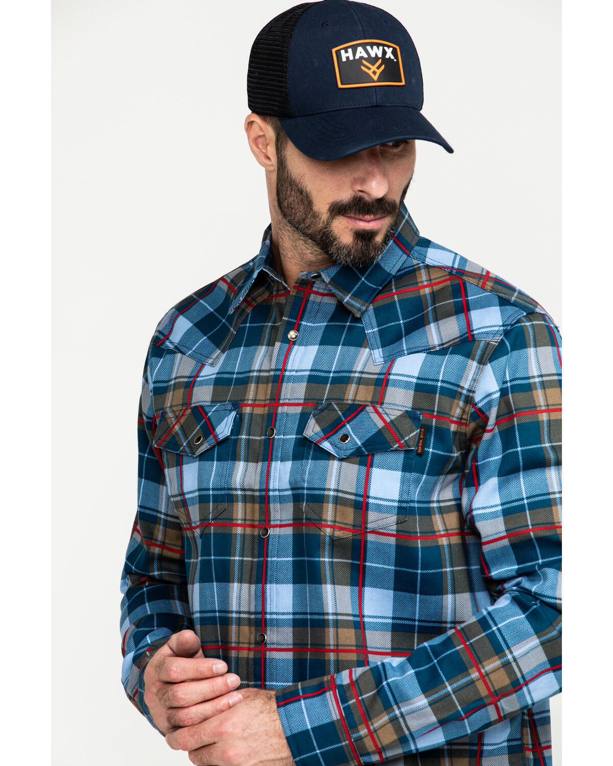 Image #5 - Cody James Men's FR Woven Plaid Print Long Sleeve Button Down Work Shirt, Light Blue, hi-res