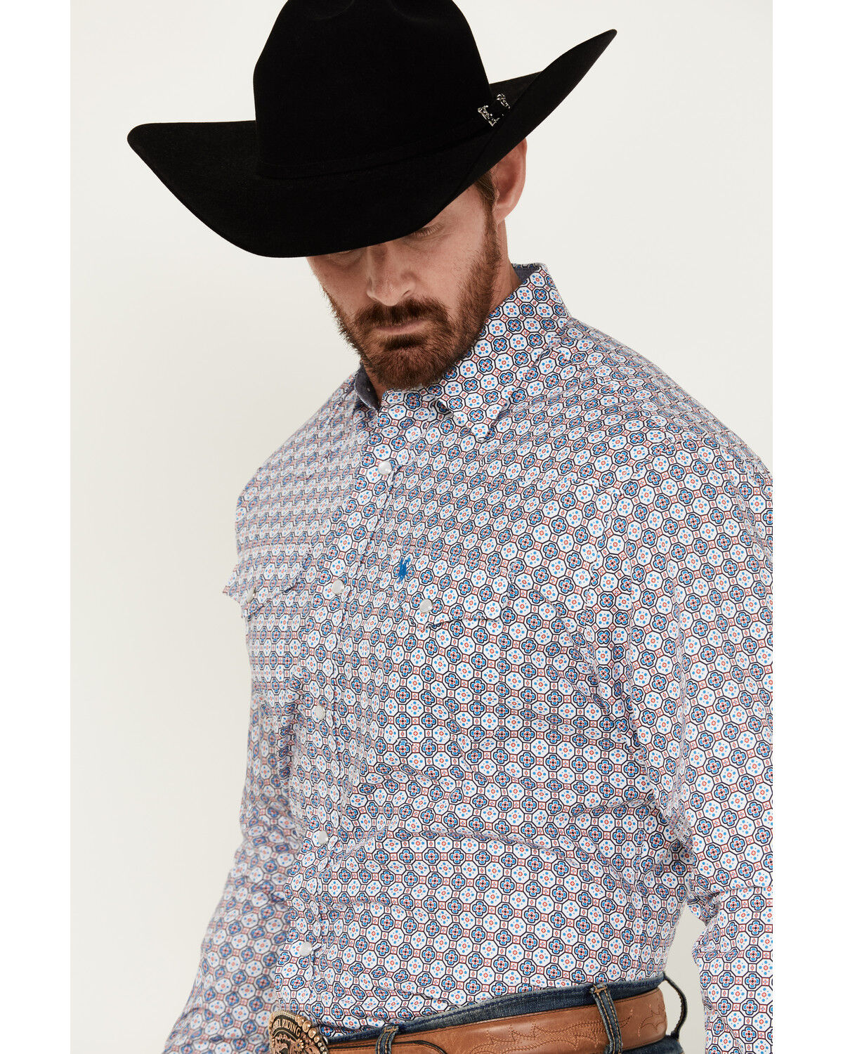 Image #2 - Rodeo Clothing Men's Medallion Print Long Sleeve Pearl Snap Western Shirt, White, hi-res