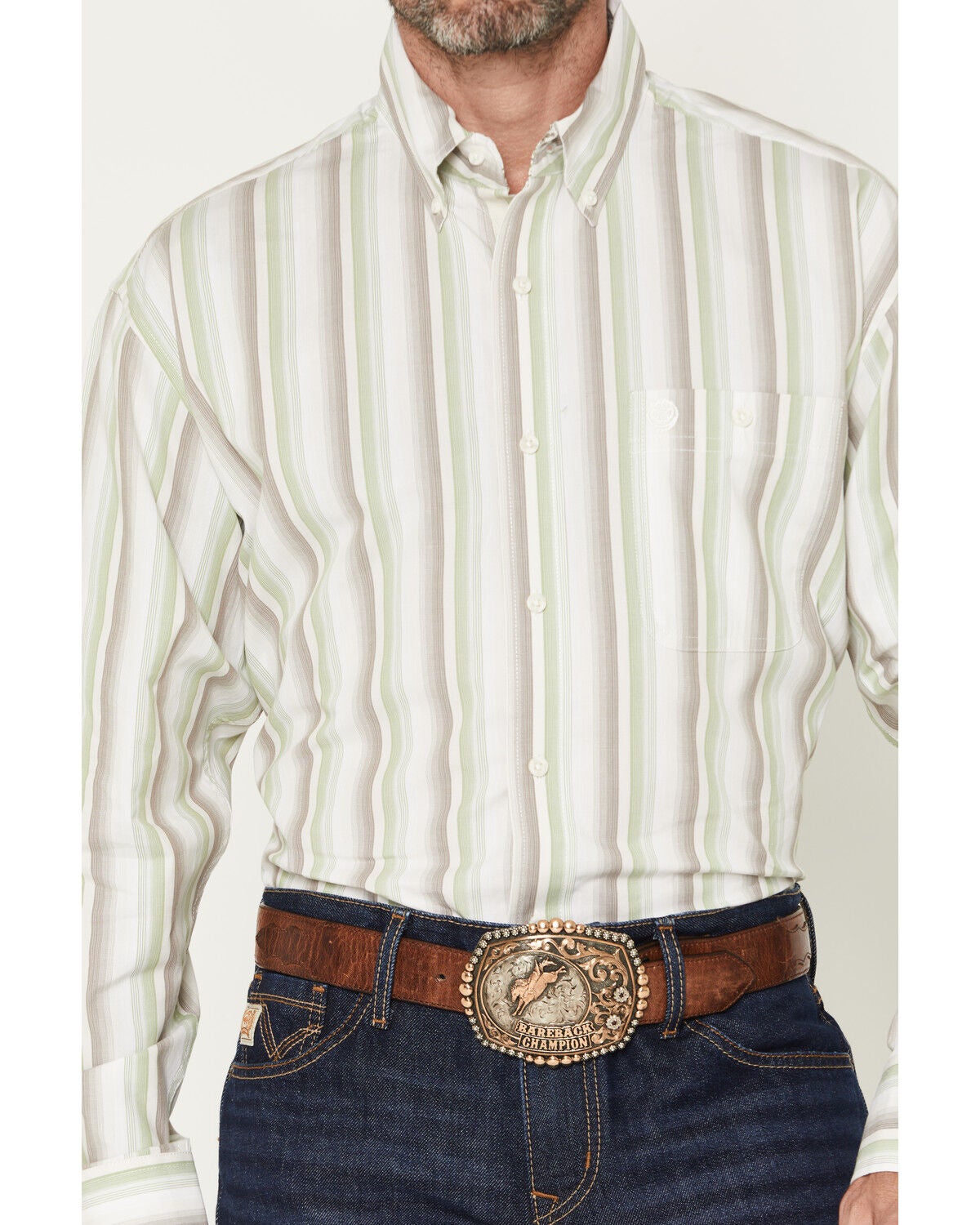 Image #3 - George Strait by Wrangler Men's Striped Long Sleeve Button-Down Stretch Western Shirt, Green, hi-res