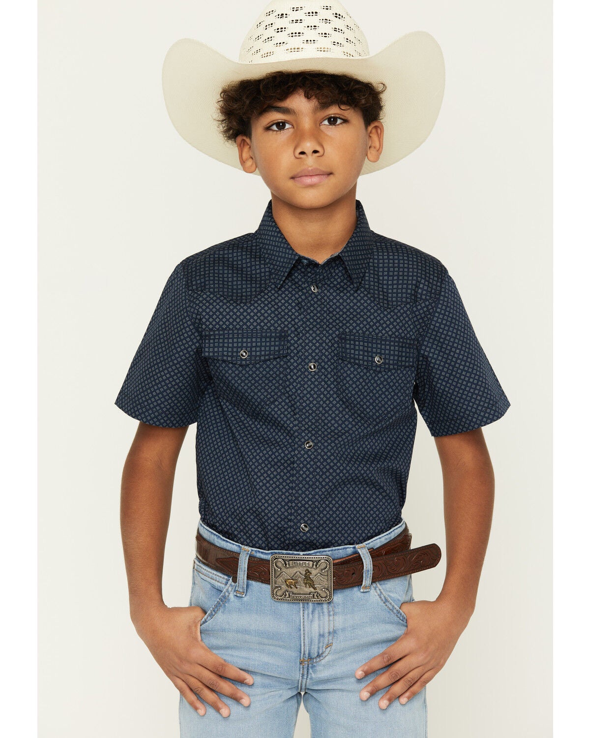 Cody James Boys' Tripp Geo Print Short Sleeve Snap Western Shirt, Navy, hi-res