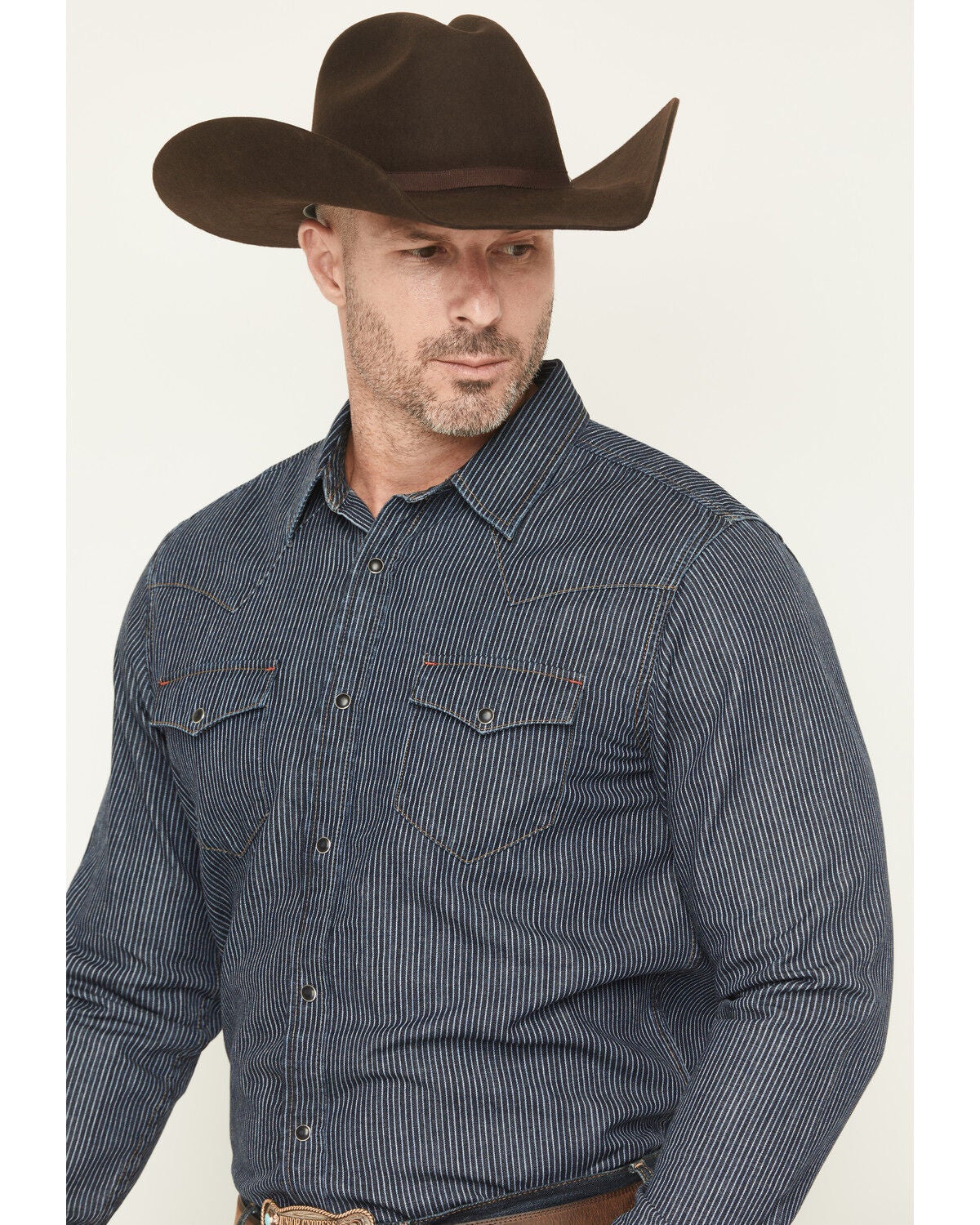 Image #2 - Blue Ranchwear Men's Dark Wash Railroad Striped Print Long Sleeve Snap Western Shirt, Dark Wash, hi-res