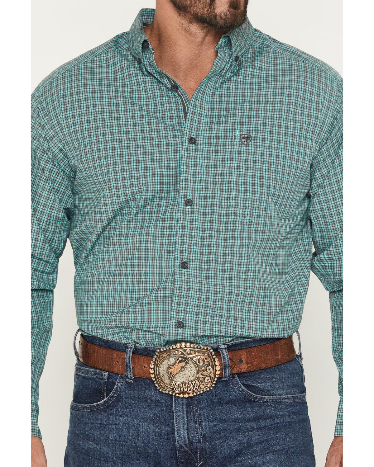 Image #3 - Ariat Men's Pro Series Brooks Plaid Print Long Sleeve Button-Down Stretch Western Shirt, Aqua, hi-res