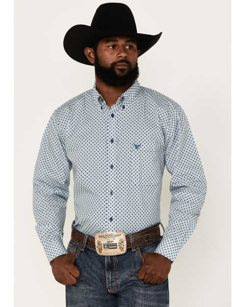 Cowboy Hardware Men's Diamond Star Print Long Sleeve Button-Down Western Shirt, Blue, hi-res