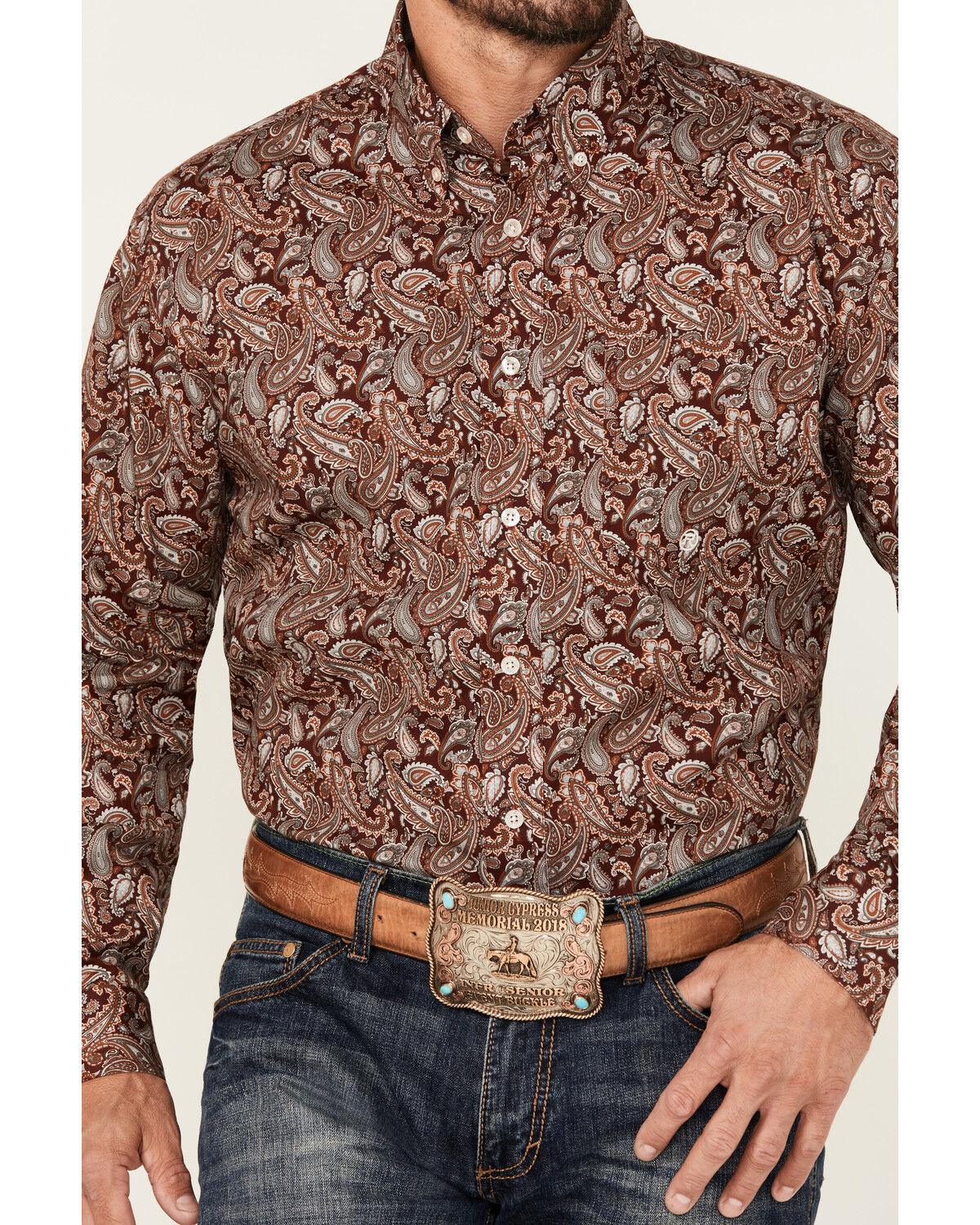 Image #3 - Roper Men's Amarillo Paisley Print Long Sleeve Button-Down Western Shirt, Wine, hi-res