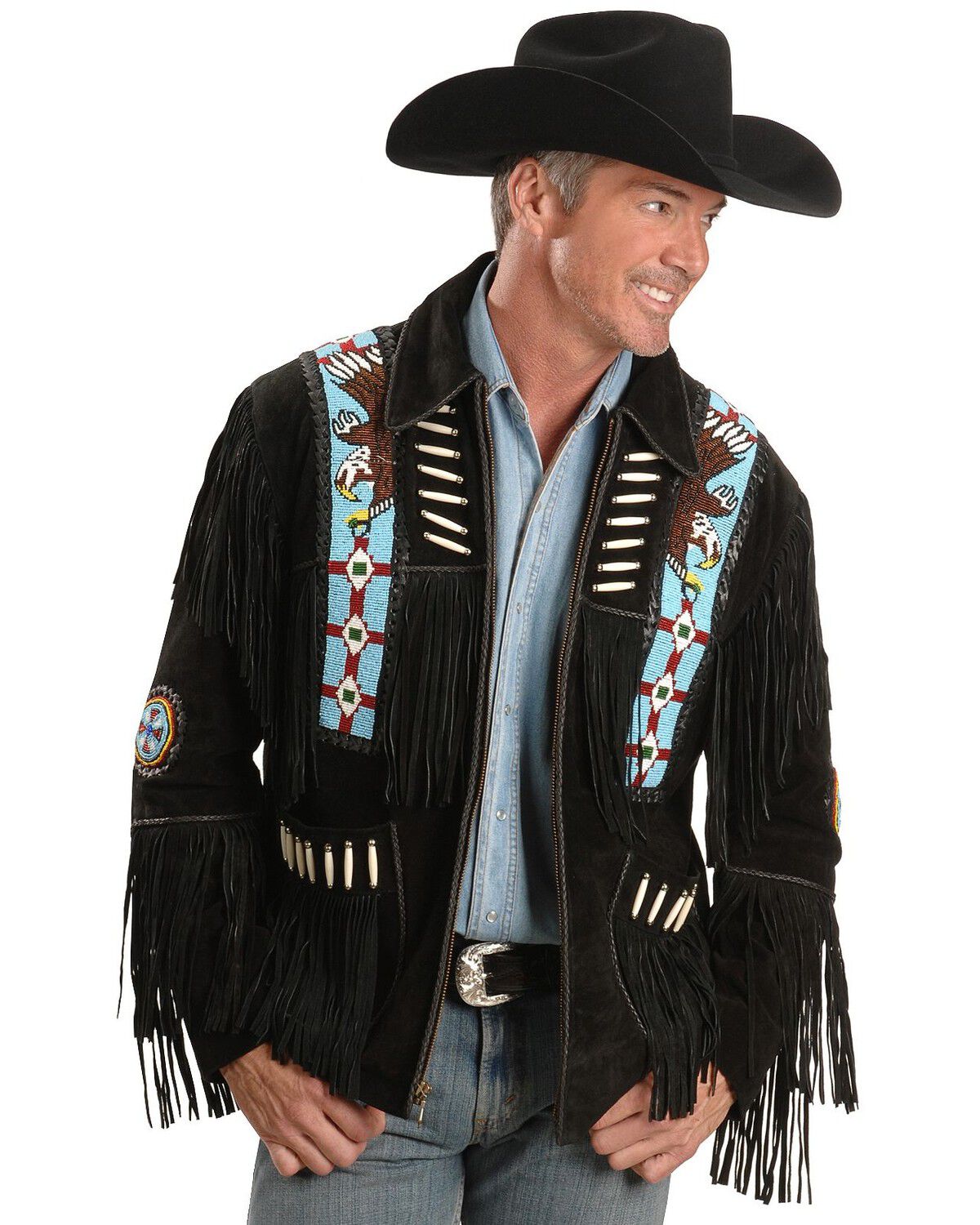 Image #1 - Liberty Wear Eagle Bead Fringed Suede Leather Jacket, Black, hi-res