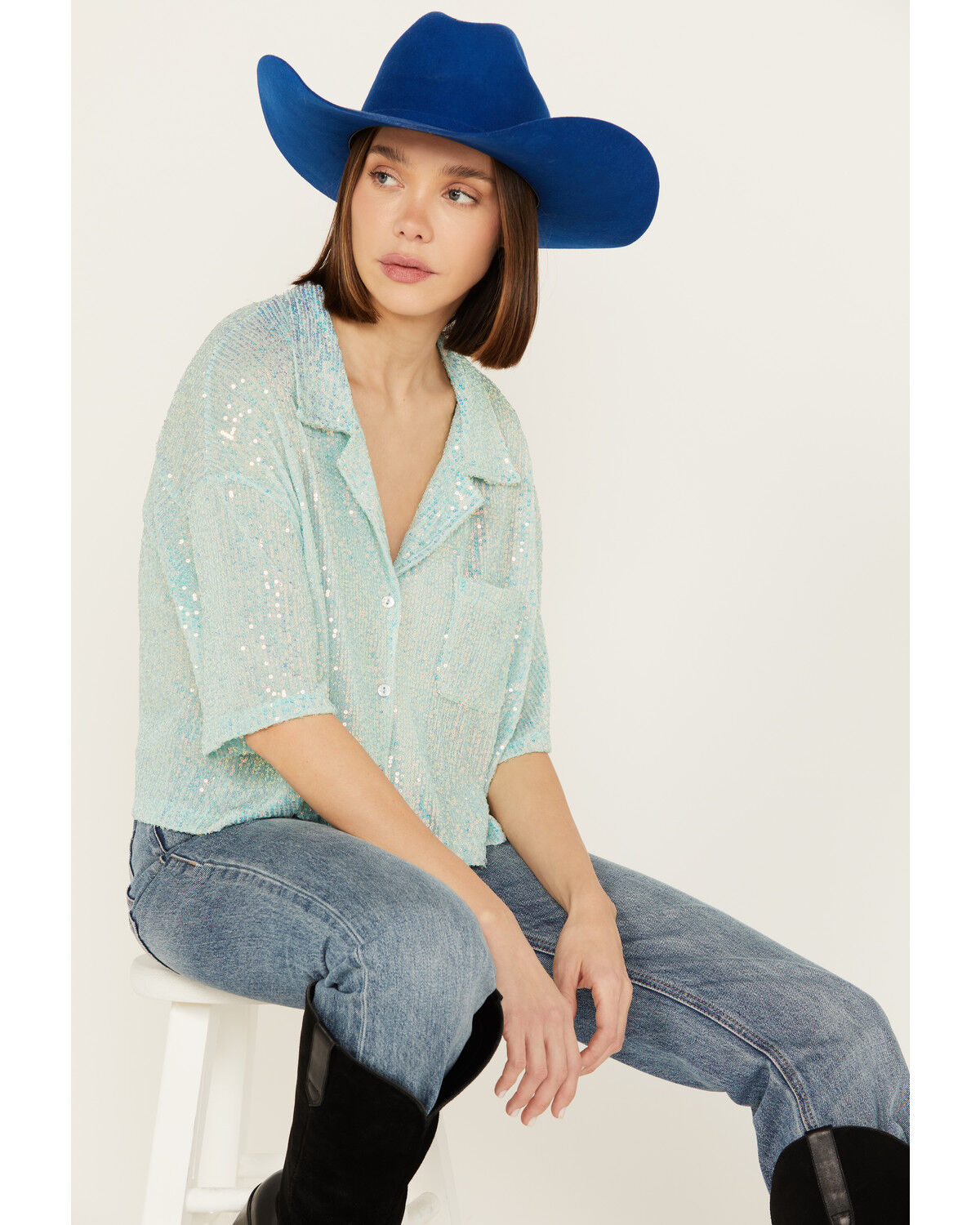 Image #1 - POL Women's Sequin Button Up Top, Blue, hi-res