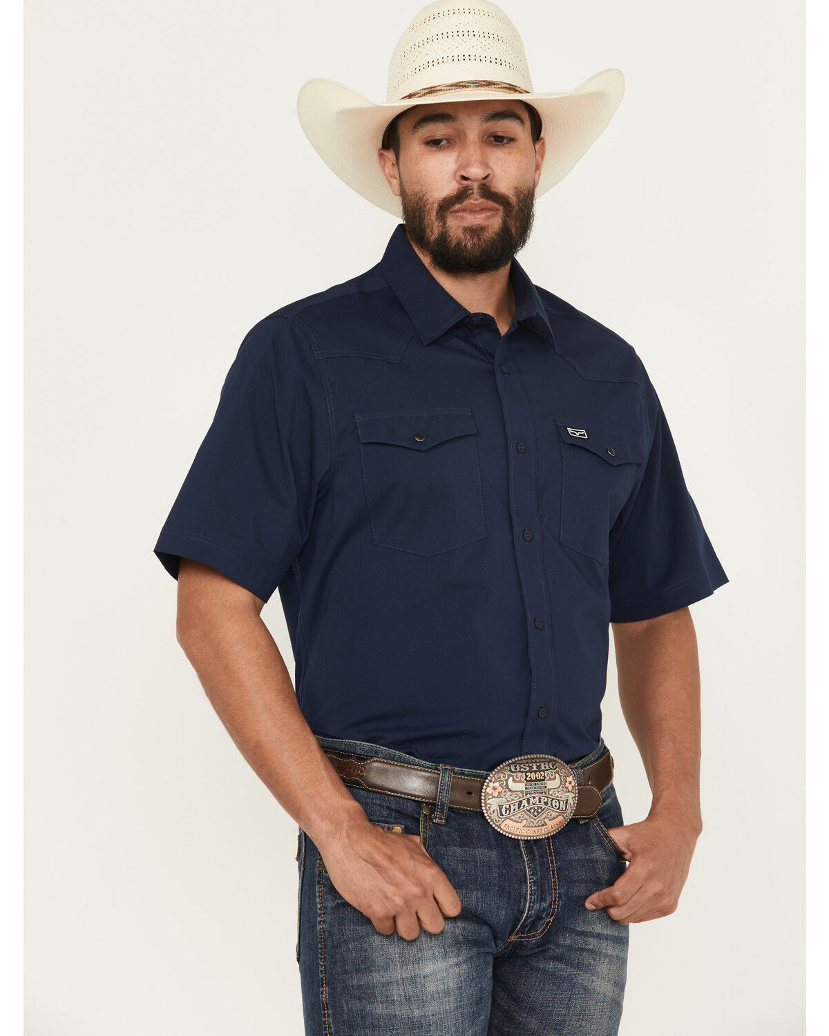 Image #1 - Kimes Ranch Men's Solid Short Sleeve Button-Down Performance Shirt, Navy, hi-res