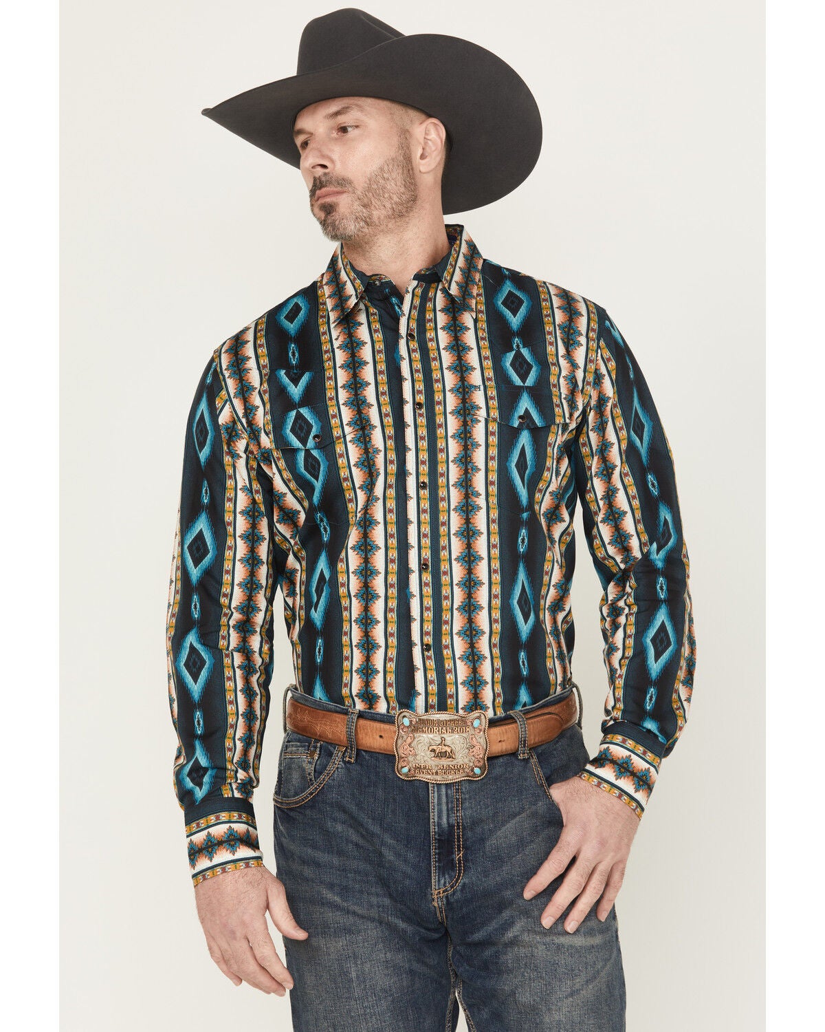 Wrangler Men's Checotah Southwestern Print Long Sleeve Snap Western Shirt - Tall, Teal, hi-res