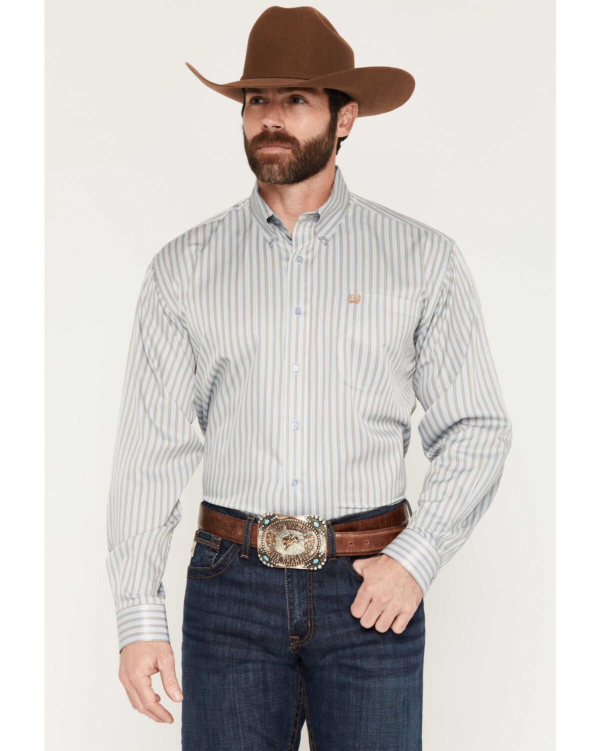Cinch Men's Tencel&trade; Striped Long Sleeve Button-Down Western Shirt, Light Blue, hi-res