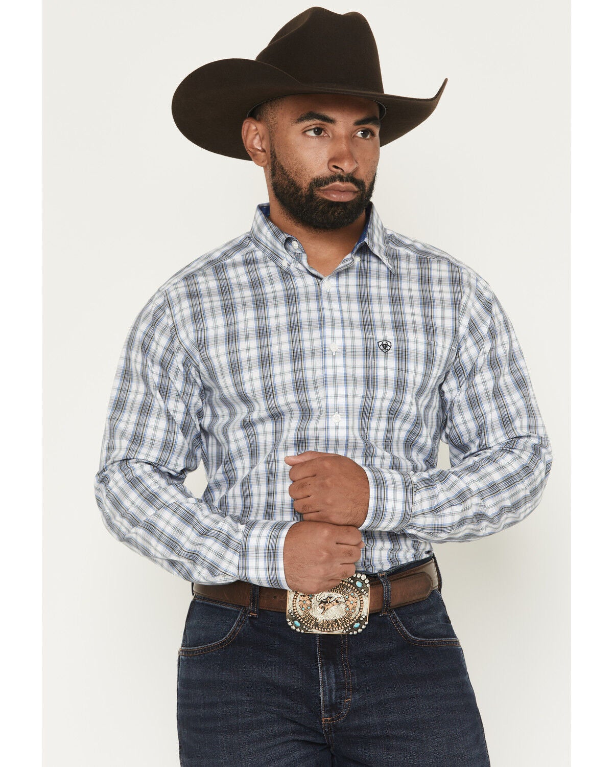 Ariat Men's Cody Plaid Print Long Sleeve Button-Down Western Shirt, White, hi-res