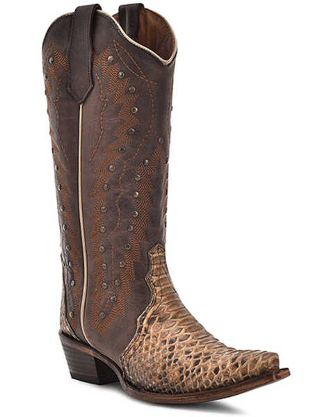 Corral Women's  Exotic Python Studded Western Boots - Snip Toe, Brown, hi-res