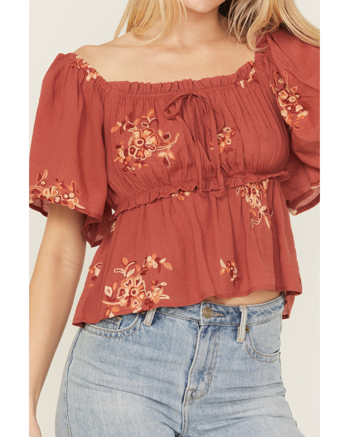 Image #3 - Wild Moss Women's Floral Embroidered Short Sleeve Peplum Top, Rust Copper, hi-res