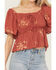 Image #3 - Wild Moss Women's Floral Embroidered Short Sleeve Peplum Top, Rust Copper, hi-res