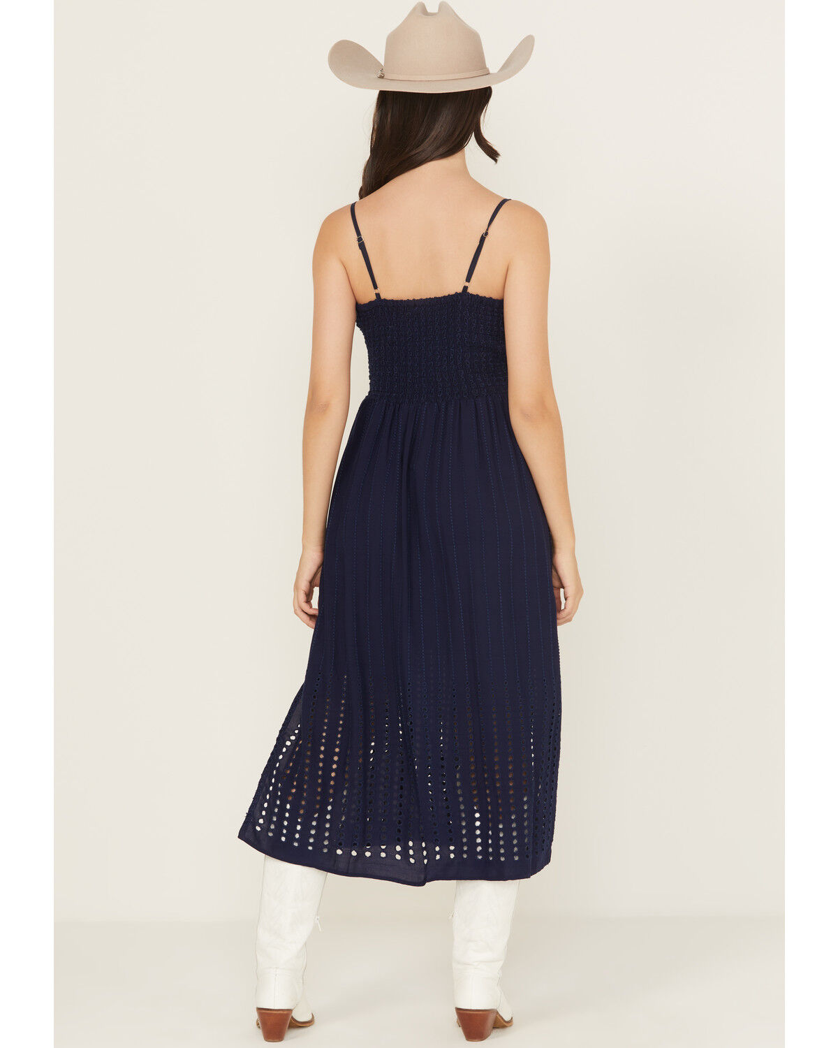 Image #4 - Angie Women's Embroidered Knot Front Midi Dress, Navy, hi-res