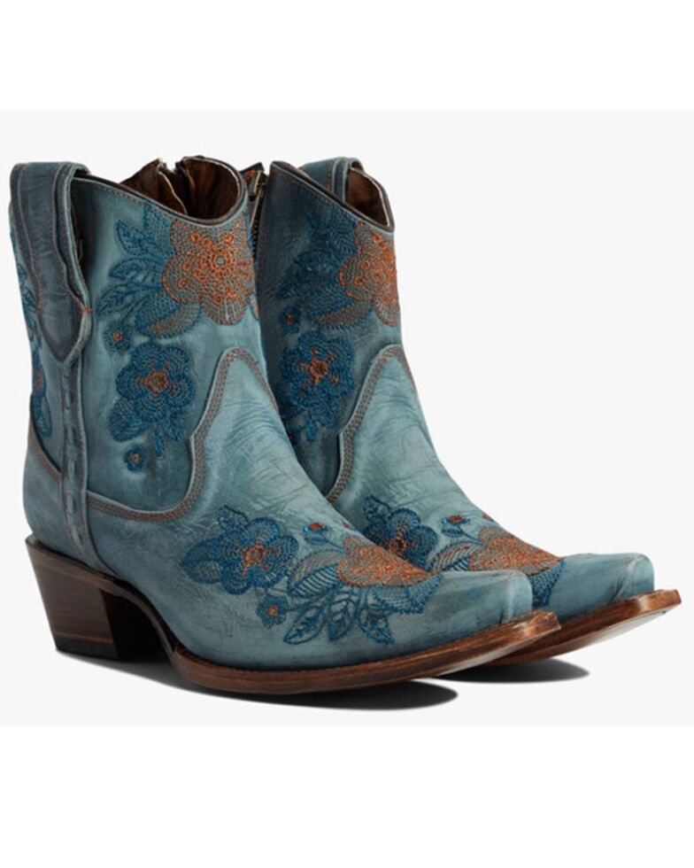 Corral Women's Blue Jean Flowered Embroidery Ankle Western Bootie - Snip Toe, Blue, hi-res