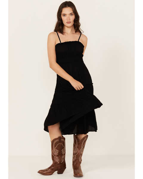 Angie Women's Cinch Waist Tiered Cami Midi Dress, Black, hi-res