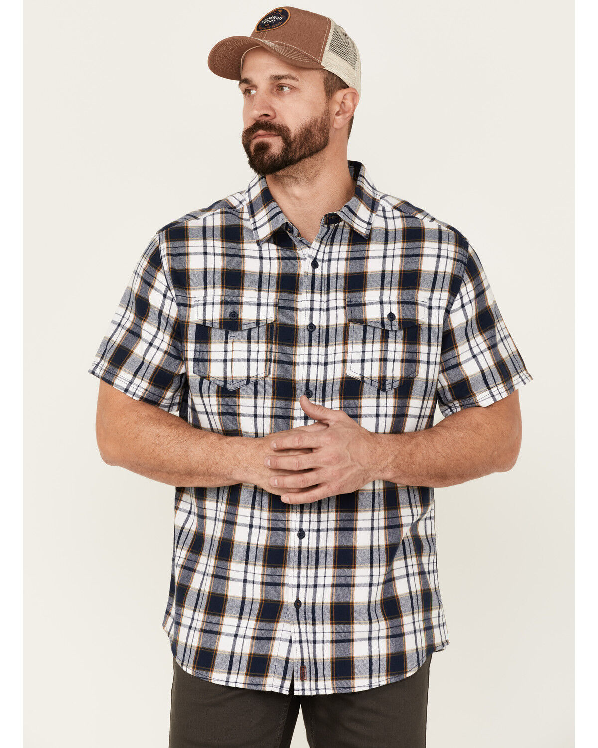 Image #1 - Brothers and Sons Men's Large Plaid Short Sleeve Button-Down Western Shirt, Navy, hi-res